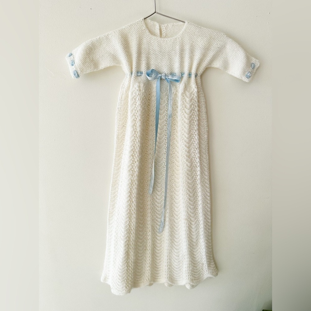 Handmade Knit - Baby Christening Gown/ Layette -Long Sleeve - White/Blue - 0-6m